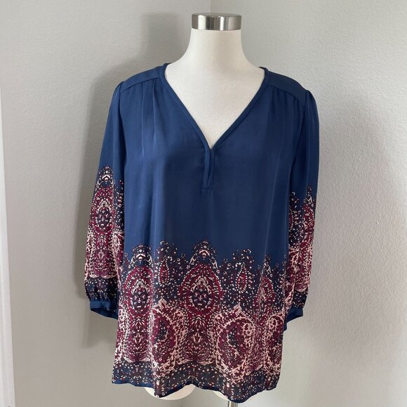 Joie Womens Medium Riva Navy Paisley 100% Silk Tunic Blouse V Neck Shirt - Picture 1 of 10